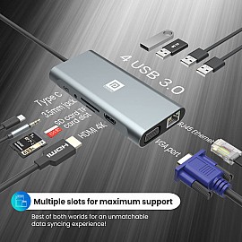 Portronics Mport 11C 11-In-1 Multiport Docking Station (USB C PD Charging/ RJ45 with 100MBPS Speed/ 4 X USB 3.0/ HDMI 4K/ TF/SD Card/ VGA Port/ 100W Max Output for MacBook Pro & Type-C Devices (Grey)
