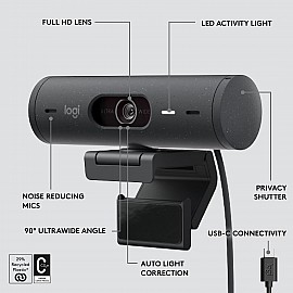 Logitech Brio 500 Full HD Webcam with Auto Light Correction, Show Mode, Dual Noise Reduction Mics, Webcam Privacy Cover, Works with Microsoft Teams, Google Meet, Zoom, USB-C Cable