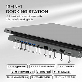 Portronics Mport 13C USB C Hub (13-in-1), Type C Docking Station with 4K HDMI, 3 x Type C, 4 x USB 3.0, Ethernet, VGA, SD/microSD Cards for Laptop, MacBook, PC and Other Type C Devices (Grey)