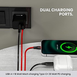 Portronics Adapto 20B 20W PD Charger with Fast Charging, Dual Ports Type C & USB A Ports, Smart Protection Chip, Wide Compatibility - Black