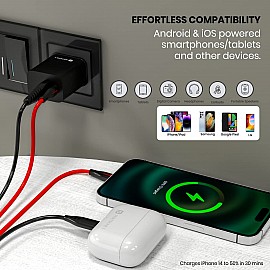 Portronics Adapto 20B 20W PD Charger with Fast Charging, Dual Ports Type C & USB A Ports, Smart Protection Chip, Wide Compatibility - Black