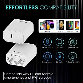 Portronics Adapto 25 25W Super Fast Type C PD Wall Charger for iPhone 15/14/13/12/11 All Pro,Max Series, Samsung Galaxy S/A/M/F Series & Other Type C Devices, PPS Protection, Fast Charging Adaptor