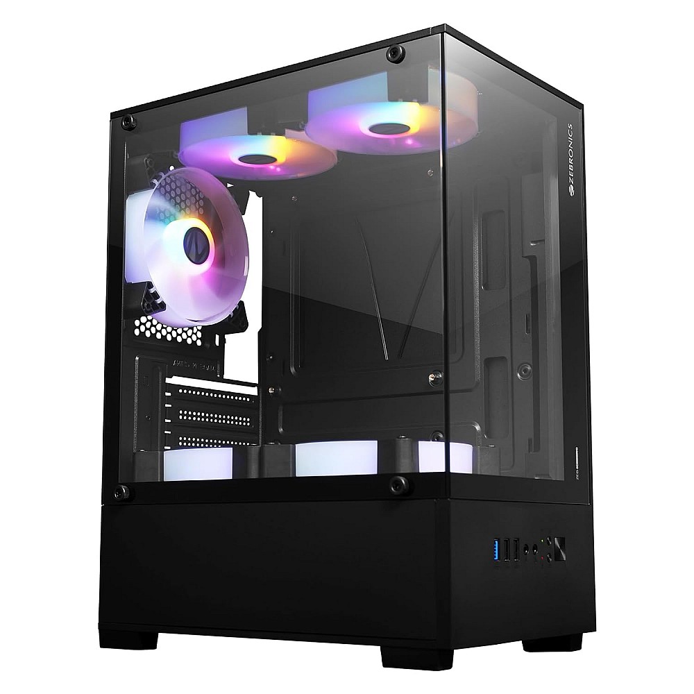 Zebronics Iceberg Premium Gaming Cabinet with support for mATX, Mini ITX/ Wraparound Tempered Glass/ 120mm Multicolor LED Ring Fans/ Top Magnetic Dust Filter/ 5 Fans Included (Black)