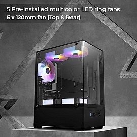 Zebronics Iceberg Premium Gaming Cabinet with support for mATX, Mini ITX/ Wraparound Tempered Glass/ 120mm Multicolor LED Ring Fans/ Top Magnetic Dust Filter/ 5 Fans Included (Black)