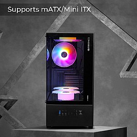 Zebronics Iceberg Premium Gaming Cabinet with support for mATX, Mini ITX/ Wraparound Tempered Glass/ 120mm Multicolor LED Ring Fans/ Top Magnetic Dust Filter/ 5 Fans Included (Black)
