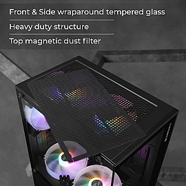 Zebronics Iceberg Premium Gaming Cabinet with support for mATX, Mini ITX/ Wraparound Tempered Glass/ 120mm Multicolor LED Ring Fans/ Top Magnetic Dust Filter/ 5 Fans Included (Black)