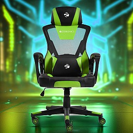 Zebronics GC1400 Gaming Chair with 360° Swivels & Casters/ 90°-125° Backrest Angle/ Heavy Duty Base/ Frame/ Class 3 Gas Lift/ Spacious Seat/ Neck, Head Cushion (Green)