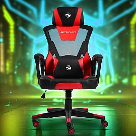Zebronics GC1400 Gaming Chair with 360° Swivels and Casters, 90°-125° Backrest Angle/Heavy Duty Base/ Frame/ Class 3 Gas Lift/ Spacious Seat/ Neck and Head Cushion (Red)