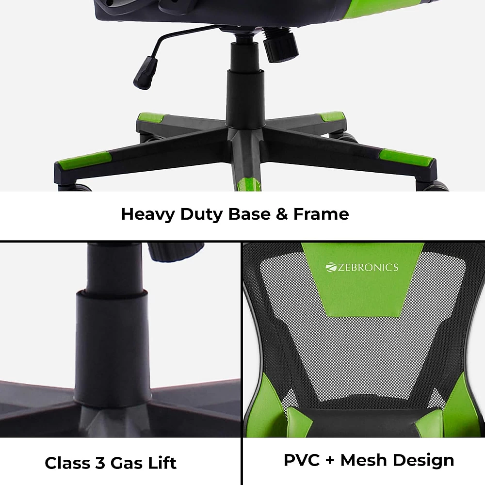 Zebronics GC1400 Gaming Chair with 360° Swivels & Casters/ 90°-125° Backrest Angle/ Heavy Duty Base/ Frame/ Class 3 Gas Lift/ Spacious Seat/ Neck, Head Cushion (Green)