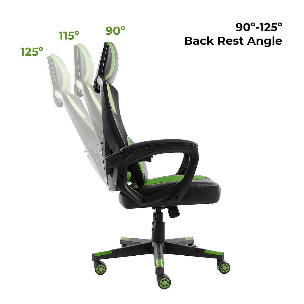 Zebronics GC1400 Gaming Chair with 360° Swivels & Casters/ 90°-125° Backrest Angle/ Heavy Duty Base/ Frame/ Class 3 Gas Lift/ Spacious Seat/ Neck, Head Cushion (Green)