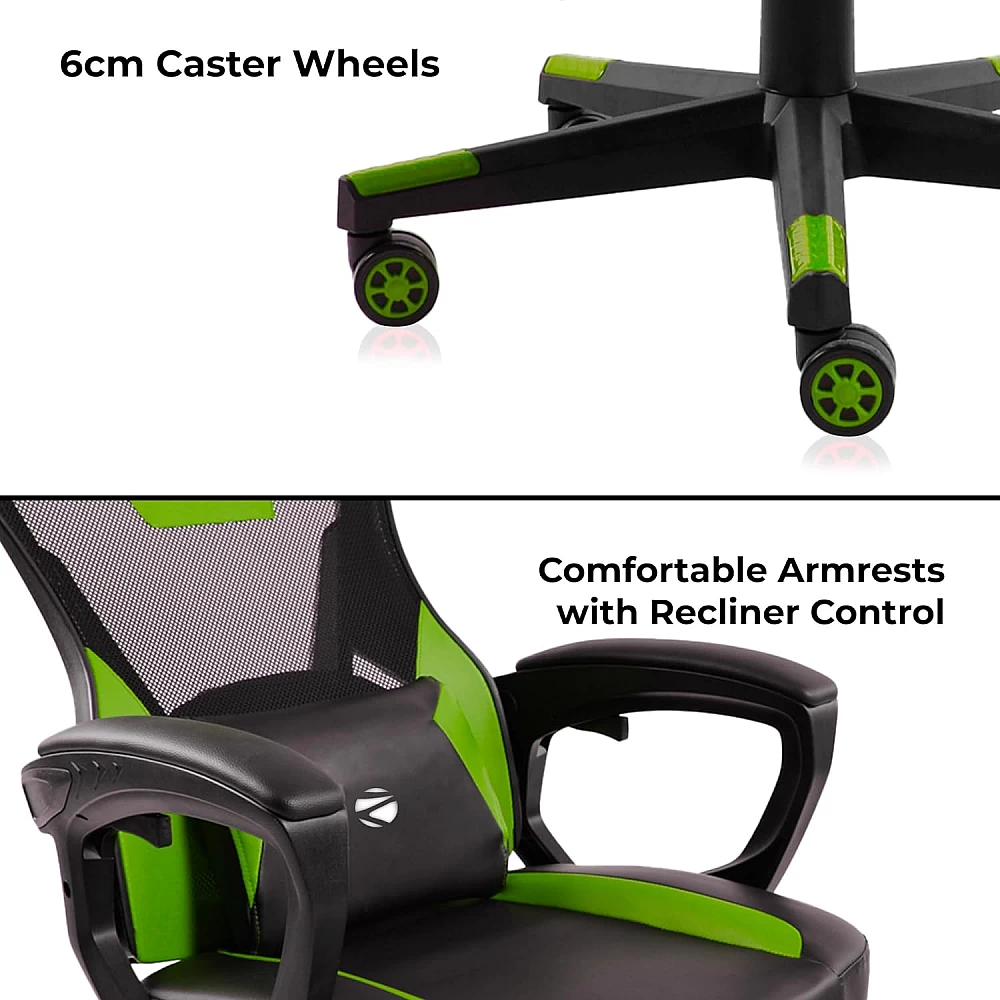 Zebronics GC1400 Gaming Chair with 360° Swivels & Casters/ 90°-125° Backrest Angle/ Heavy Duty Base/ Frame/ Class 3 Gas Lift/ Spacious Seat/ Neck, Head Cushion (Green)