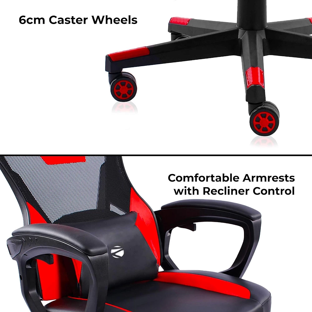 Zebronics GC1400 Gaming Chair with 360° Swivels and Casters, 90°-125° Backrest Angle/Heavy Duty Base/ Frame/ Class 3 Gas Lift/ Spacious Seat/ Neck and Head Cushion (Red)