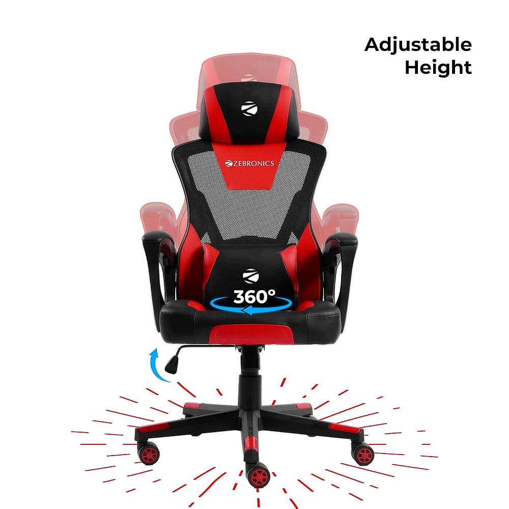 Zebronics GC1400 Gaming Chair with 360° Swivels and Casters, 90°-125° Backrest Angle/Heavy Duty Base/ Frame/ Class 3 Gas Lift/ Spacious Seat/ Neck and Head Cushion (Red)