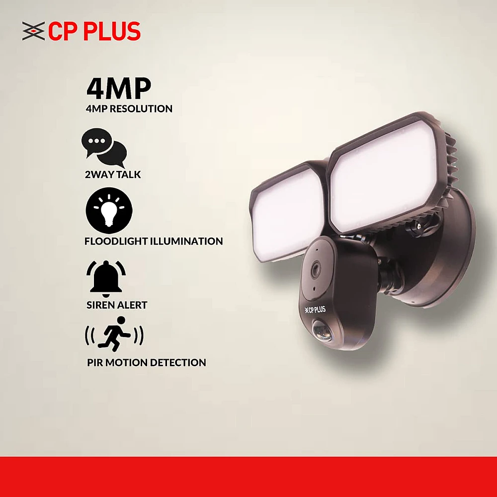 CP Plus CP-F41A 4MP Outdoor Wi-Fi Floodlight Camera | Full Color Night Vision | Built-in Mic | 110° Angle of View | SD Storage (up to 128) | Night Vision | IP Ratings – IP65 | Spot Light Distance 5Mtr