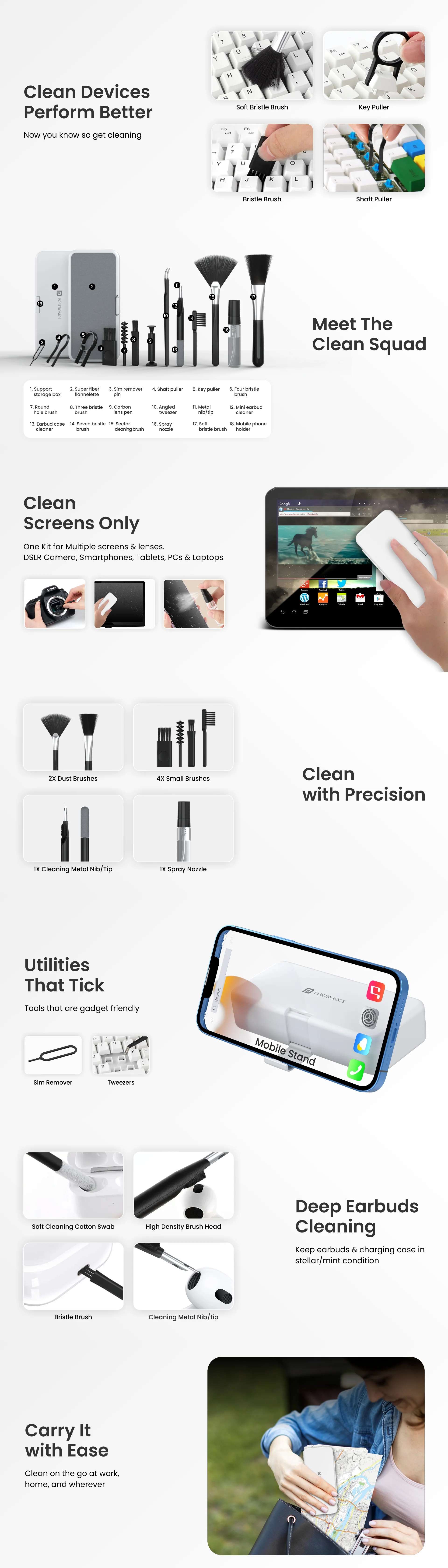 Portronics Clean M Multifunctional 8-in-1 Gadget Cleaning Kit with Mobile  Holder for Smartphone, Tablet, Laptop, Earbuds(White)